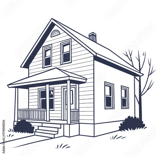 A classic twostory house with a front porch, rendered in a clean line drawing style, showcasing suburban architecture and a sense of home