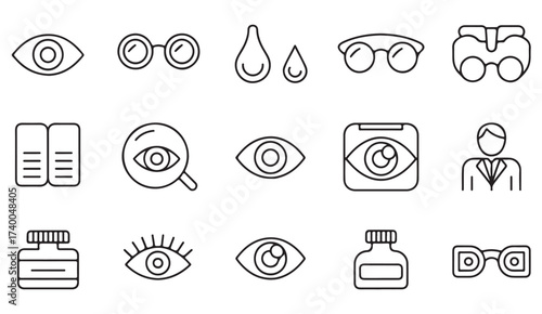 Eye health and optometry service icons representing treatment, therapy, and ophthalmic diagnostic tools.