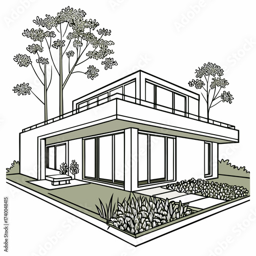 Modern eco house with a green roof and trees sustainable architecture concept with plants on the roof and solar panels for energy efficiency