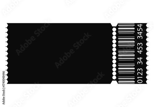 Black ticket stub with barcode on white background