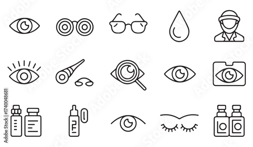 Outline vector illustration pack of vision and eyesight healthcare icons for ophthalmology and medical themes