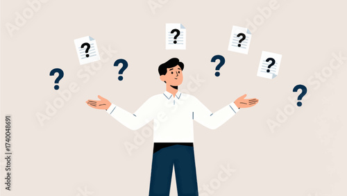 Man surrounded by question marks and documents