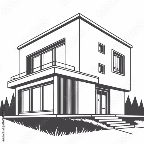 Illustration of a modern twostory house with a balcony and large windows, showcasing contemporary architectural design and clean lines