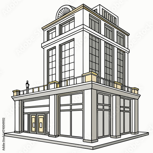 A commercial building with a flat roof and large windows, the building has a balcony and a rooftop terrace with a statue and a decorative element