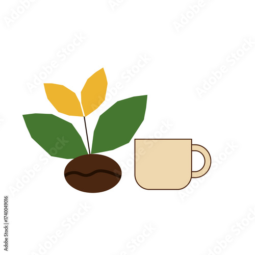 A stylized illustration depicts a coffee bean sprouting green and yellow leaves next to a simple beige coffee cup.