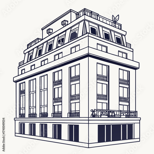 An elegant multistory building with a mansard roof and ornate windows, the building has a balcony and a rooftop garden with plants and flowers and a statue