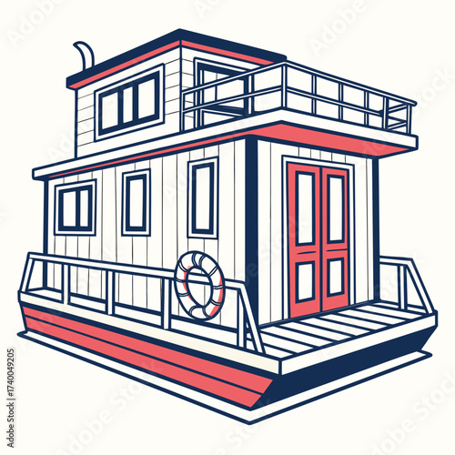 Illustration of a charming houseboat, featuring a cozy design with red accents and a life preserver, evoking a sense of nautical adventure and relaxation