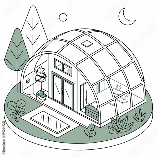 Isometric dome house with a pool and trees a modern and sustainable home design with a unique architectural style and a peaceful setting for relaxation