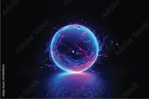 Futuristic glowing ball with electric neon effects. Abstract cosmic design ideal for digital projects, posters, or game graphics.