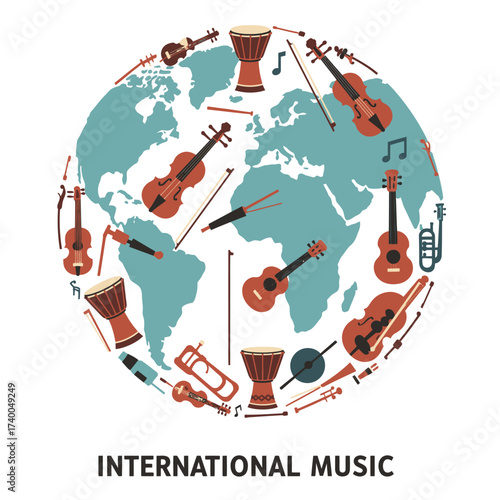 World map illustration with various musical instruments scattered across the continents, representing international music.