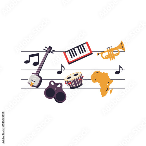 A whimsical illustration of musical instruments, sheet music, binoculars, and an outline of Africa arranged on a musical staff.