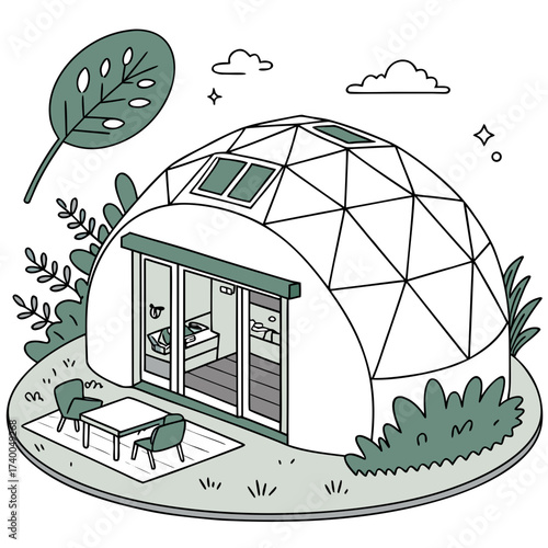 Illustration of a modern geodesic dome house with a patio, surrounded by plants and foliage, a sustainable and ecofriendly home design