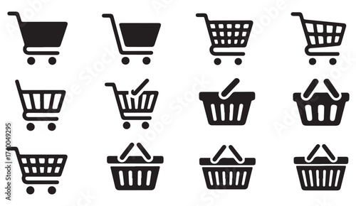 E-commerce and retail shopping cart icon collection in black silhouette style for digital marketplace themes.