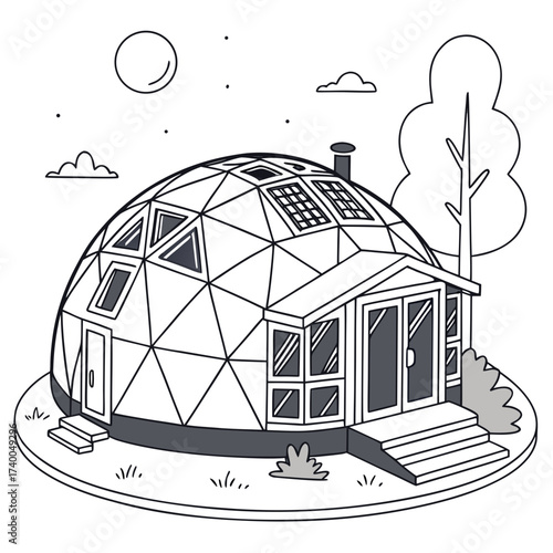 Illustration of a geodesic dome house with solar panels, surrounded by trees, a sustainable and ecofriendly home design with geometric patterns