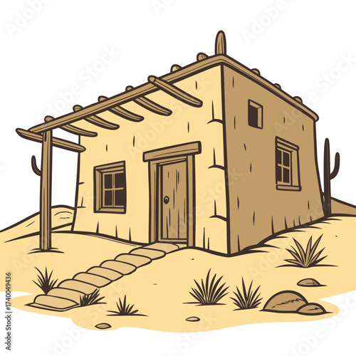 Illustration of a desert adobe house with a wooden porch and cacti, capturing the essence of southwestern architecture and arid landscapes