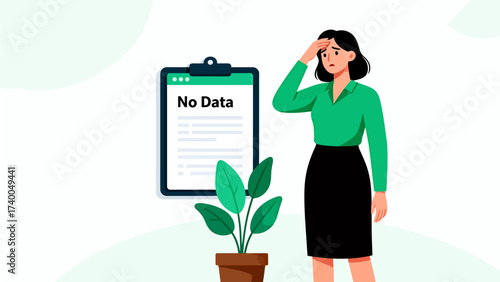 Woman looking concerned next to clipboard with no data