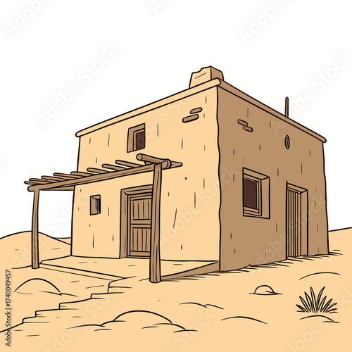 Illustration of an adobe house, showcasing its unique architectural style and construction, reflecting the cultural heritage and desert environment