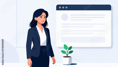 Woman in business suit looking concerned near computer screen