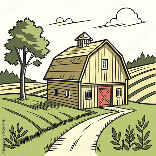 Illustration of a picturesque barn set amidst rolling green fields, with a winding road leading to its entrance, evoking a sense of tranquility and the charm of rural living