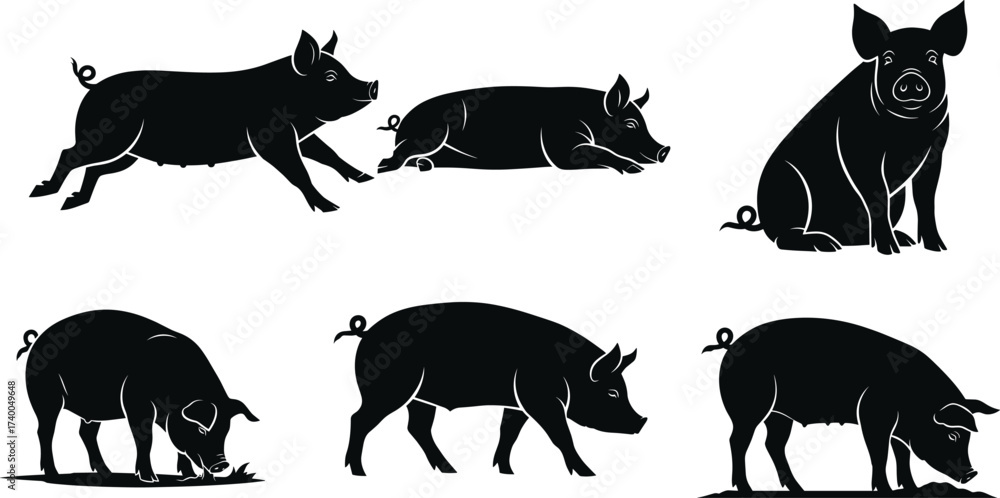 Naklejka premium Pig silhouettes in various natural poses including grazing, walking, sitting, and lying—farm animal vector set for agriculture and livestock themes