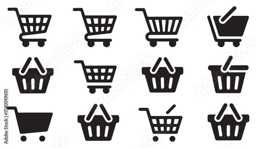 Collection of shopping cart and basket silhouette icons for e-commerce, online retail, and supermarket business design.
