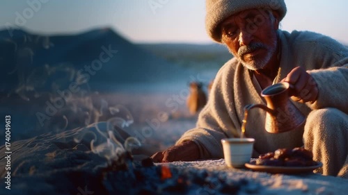 An elderly man pours strong black coffee from a copper coffee pot into a mug while preparing coffee over coals from a fire, close-up of a cup of coffee and dates on a copper plate