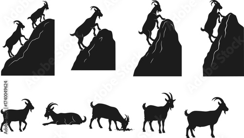 AGoat silhouettes climbing rocks and grazing in natural poses, vector set for farming, mountain animals, agriculture, and rural lifestyle themes