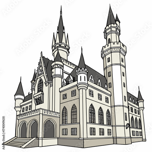 Majestic castle illustration a detailed vector drawing of a fairytale castle with intricate towers, arches, and windows, evoking a sense of wonder and fantasy