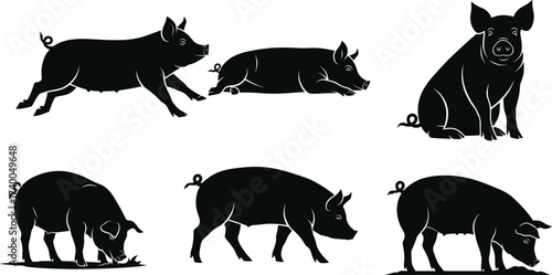 Pig silhouettes in various natural poses including grazing, walking, sitting, and lying—farm animal vector set for agriculture and livestock themes
