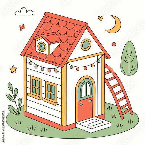 A delightful cartoon illustration of a whimsical playhouse with string lights, perfect for childrens books, educational materials, and playful design projects