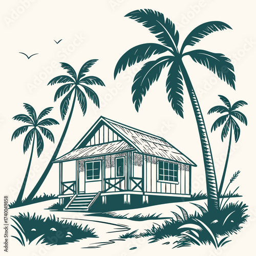 A vintage tropical beach house, nestled among swaying palm trees and lush greenery, evoking a sense of nostalgia and timeless coastal charm