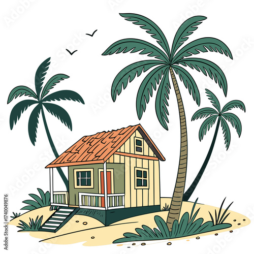 A vibrant illustration captures a charming beach house surrounded by lush palm trees, creating a serene tropical escape, inviting relaxation and a sense of blissful tranquility