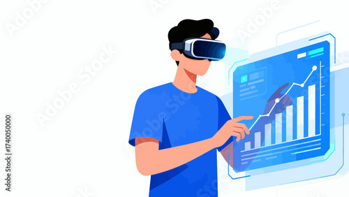 Person using virtual reality headset with data chart