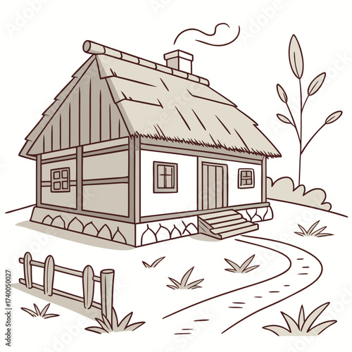 Illustration of a traditional ukrainian house with a thatched roof, showcasing its unique architectural style and cultural heritage, set in a rural landscape with a charming fence