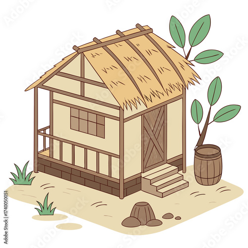 Charming cartoon illustration of a traditional hut with a thatched roof, surrounded by lush greenery, , creating a whimsical and inviting scene