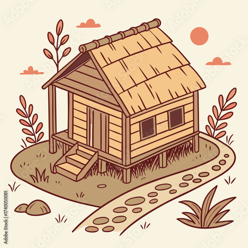 A charming cartoon illustration depicts a cozy wooden cabin with a thatched roof, nestled in a serene landscape with a winding path, plants, and a warm, inviting atmosphere