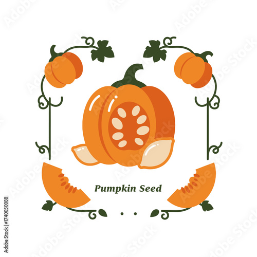 Illustration of a pumpkin with cut slices and seeds, surrounded by decorative elements.
