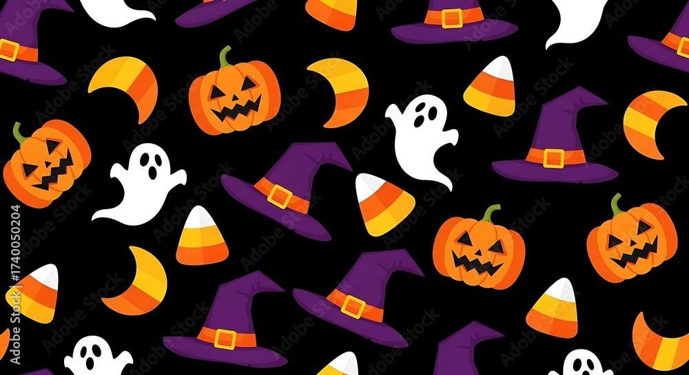 Obraz premium Halloween seamless pattern with pumpkins, witch hats, ghosts, and candy corn on black background