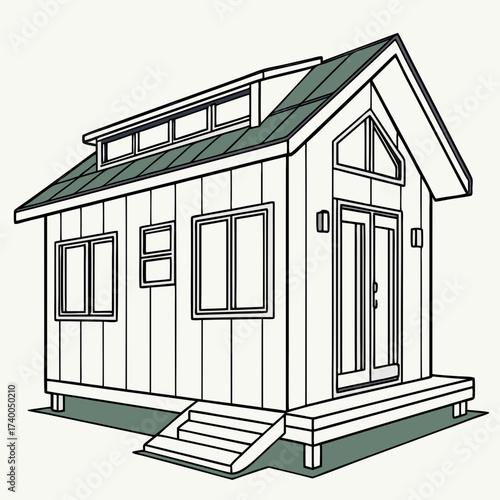 Illustration of a charming tiny house with a classic gable roof and a welcoming porch, the house is surrounded by a lush green lawn