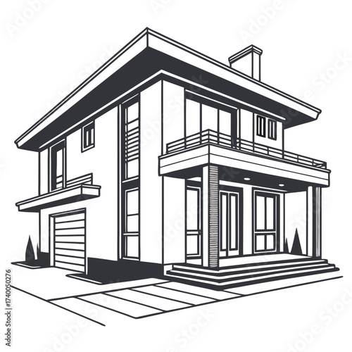 Modern house with garage line art showcases a contemporary home design, emphasizing clean lines, geometric shapes, and minimalist aesthetics in monochrome