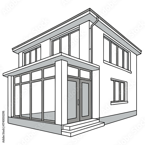 Illustration of a modern twostory house with a sunroom, showcasing contemporary architectural design and a blend of indoor and outdoor living