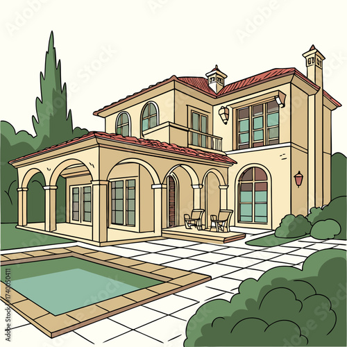 Illustration of a luxurious twostory villa with a swimming pool and a patio, surrounded by lush greenery, showcasing an elegant architectural design and a serene outdoor living space