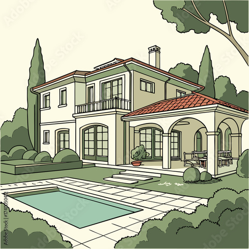 An elegant villa with a red tile roof and a swimming pool, nestled amidst lush greenery, exuding luxury and tranquility architectural design is classic and refined
