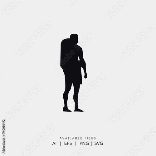 Black minimalist backpacker logo design vector, Man silhouette trekking icon for outdoor brand, Simple black and white hiker figure symbol