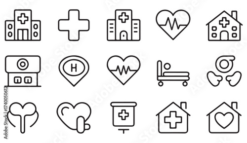 Outline icon collection of hospital and healthcare infrastructure for medical, clinic, and patient service design