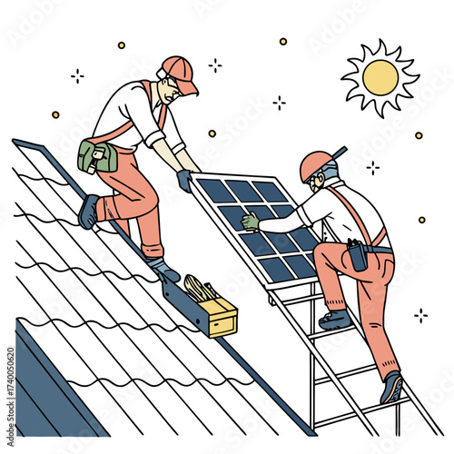 Two workers installing solar panels on a rooftop under a bright sun representing renewable energy and sustainable construction