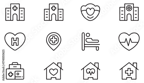 Healthcare and medical service vector pack showing hospitals, ambulances, and heart monitoring symbols.