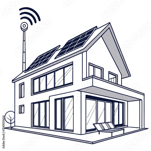 Modern house with solar panels and wifi, showcasing sustainable living and technology integration in a clean, minimalist vector design
