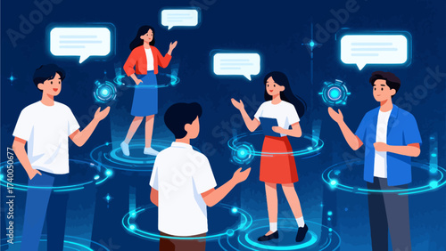 People communicating with digital speech bubbles
