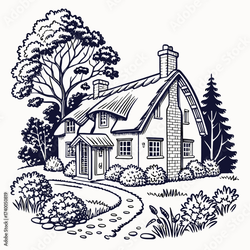 Charming illustration of a thatchedroof cottage nestled in a lush garden, featuring a winding stone path, mature trees, and a quaint chimney